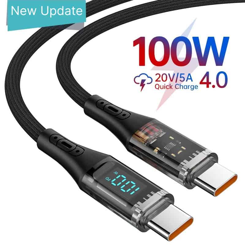 Durable USB Type-C charging cable with fast 100W power delivery, 20V/5A quick charge, black braided design, and digital voltage display for efficient device charging and data transfer.