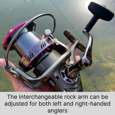 Metal fishing reel with adjustable rock arm for left and right-handed anglers.