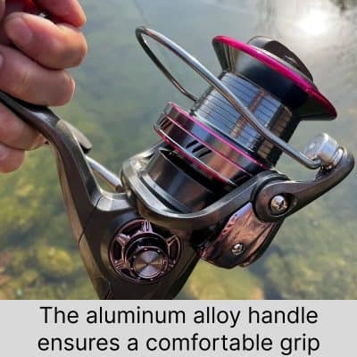 Smooth aluminum handle grip for comfortable fishing; high-quality reel designed for durability and ease of use.