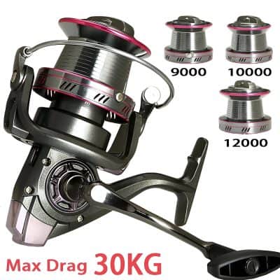 High-quality fishing reel with adjustable drag system, suitable for various fishing needs, available in different spool sizes (9000, 10000, 12000) for optimal performance, max drag 30KG.