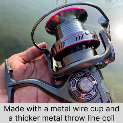 Metal wire fishing reel with spool and line made of metal wire cup and thicker metal throw line coil, high-quality fishing equipment for saltwater and freshwater angling.