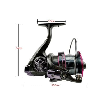 High-quality fishing reel with 14cm height, 19.5cm length, and 7.5cm width, ideal for freshwater and saltwater fishing, featuring smooth operation and durable construction for anglers.