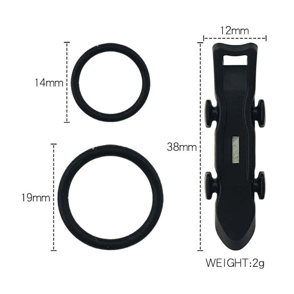 Silicone ring and plastic clip accessory for dental or medical equipment, lightweight and durable. Ideal for securing tubing, cables, or devices in healthcare settings, with precise measurements.