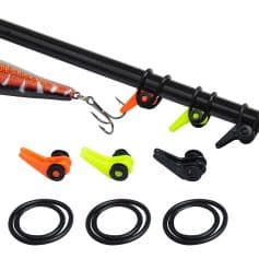 Fishing rod accessories with colorful adjustable line clips, hooks, and O-rings, ideal for fishing reel setup and line control, suitable for fishing enthusiasts and tackle shops.
