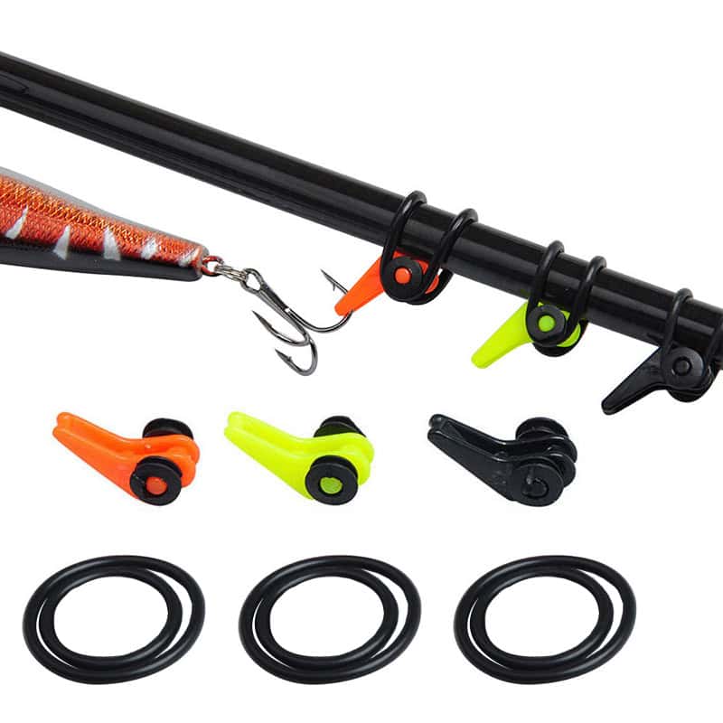 Fishing rod accessories with colorful adjustable line clips, hooks, and O-rings, ideal for fishing reel setup and line control, suitable for fishing enthusiasts and tackle shops.