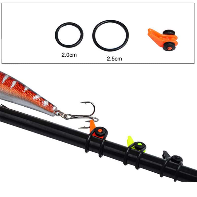 O-rings and fishing rod accessories for secure lure attachment, featuring adjustable rubber rings and clips, ideal for fishing tackle organization and maintenance.