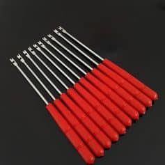 Precision eyelash extension hooks with red handles, used for professional lash application and eyelash extension procedures. Ergonomic design for comfortable handling and precise lash placement.