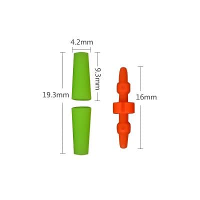 Small green dental irrigation nozzle and orange connector with precise measurements for dental care and professional cleaning.
