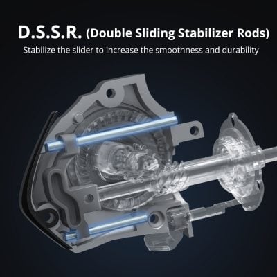 Precision medical device component with double sliding stabilizer rods for enhanced durability and smooth operation in optometry equipment.