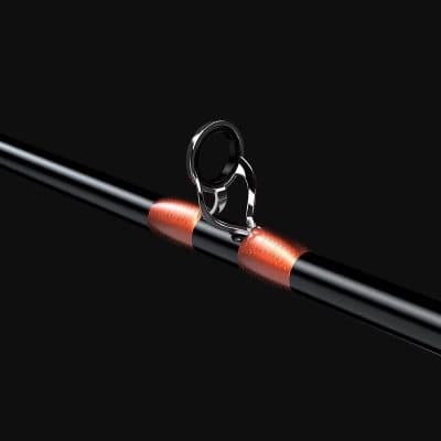 High-quality fishing rod with black and orange accents and durable line guide for optimal fishing performance.