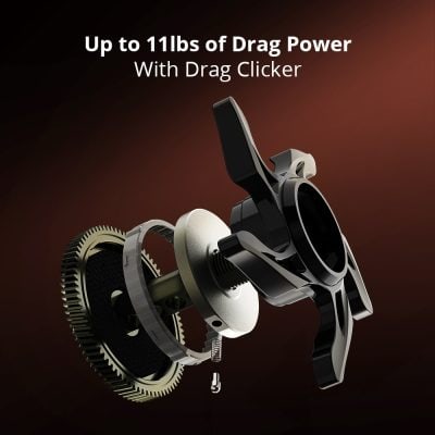 Up to 11lbs of drag power with drag clicker, featuring a sleek black and silver design, ideal for high-performance gaming and precision control.