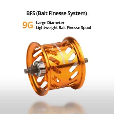 Lightweight orange bait feral spool used for fishing, large diameter, designed for durable and effective bait presentation. High-quality fishing gear from Monalisa Store.