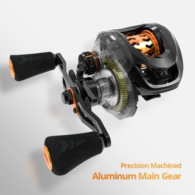 High-quality modern baitcasting fishing reel with aluminum main gear for smooth, precise operation and enhanced durability. Ideal for professional and recreational anglers seeking reliable gear.