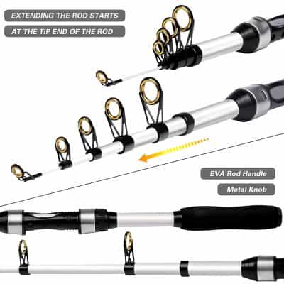 Extending the fishing rod's tip with a flexible handle, showing detailed features and components for optimal fishing experience.