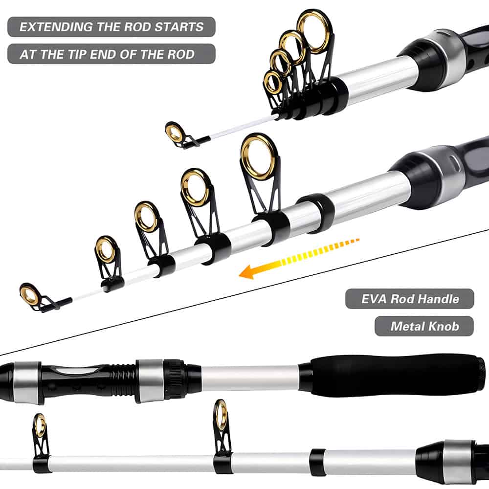 Extending the fishing rod's tip with a flexible handle, showing detailed features and components for optimal fishing experience.