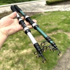 Lightweight fishing rod with multiple guides for smooth casting, perfect for freshwater and saltwater fishing, ensuring durability and performance.