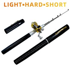 Black fishing rod with gold reel and short handle, suitable for light to short fishing trips. Perfect for beginner and experienced anglers looking for reliable and stylish fishing gear.