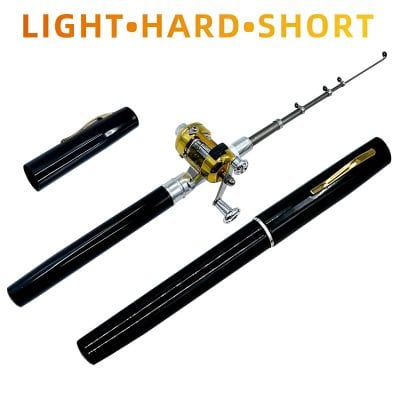 Black fishing rod with gold reel and short handle, suitable for light to short fishing trips. Perfect for beginner and experienced anglers looking for reliable and stylish fishing gear.