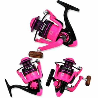 Pink fishing reels with black accents, suitable for freshwater and saltwater fishing, featuring durable construction and smooth operation, available at Monalisa Store.