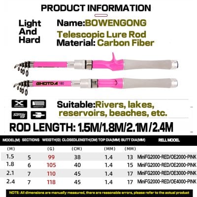 Pink telescopic fishing lure rod made of carbon fiber for river, lake, reservoir, and beach fishing. Suitable for various water environments, available in multiple rod lengths for different fishing needs.
