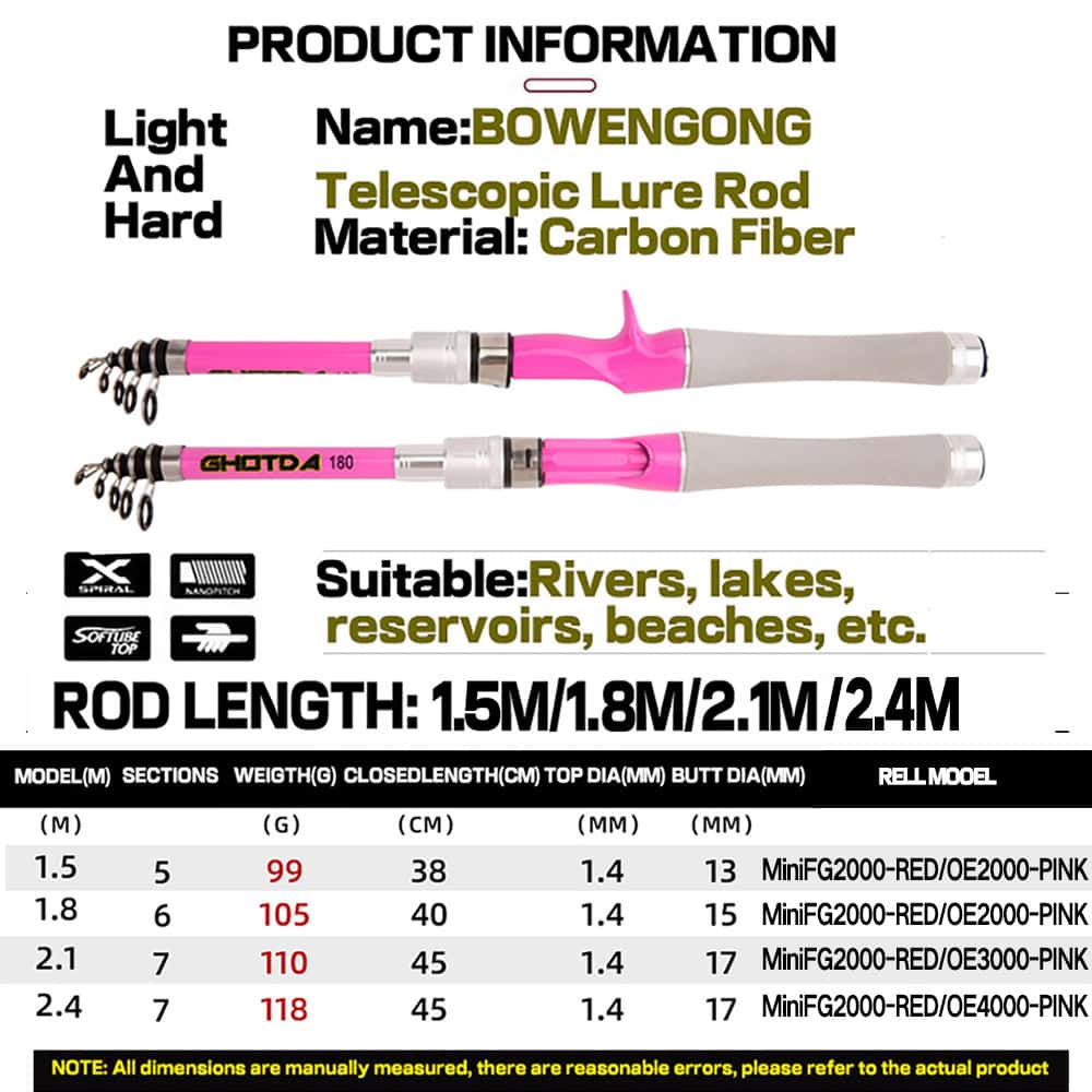 Pink telescopic fishing lure rod made of carbon fiber for river, lake, reservoir, and beach fishing. Suitable for various water environments, available in multiple rod lengths for different fishing needs.