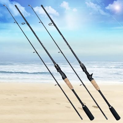 High-quality fishing rods on beach with ocean view, suitable for saltwater and freshwater fishing, featuring ergonomic handles and durable construction, perfect for angling enthusiasts.