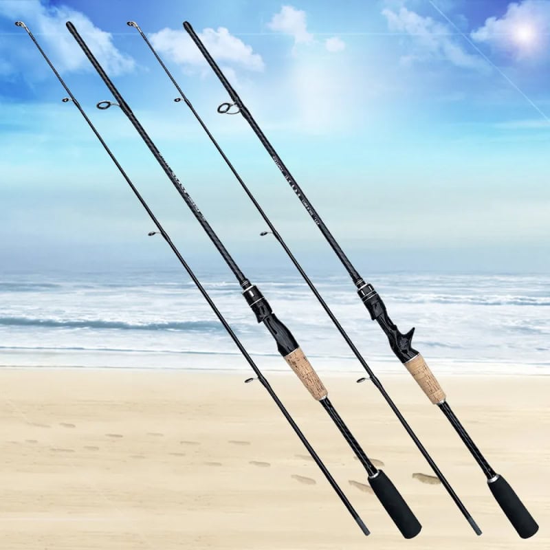 High-quality fishing rods on beach with ocean view, suitable for saltwater and freshwater fishing, featuring ergonomic handles and durable construction, perfect for angling enthusiasts.