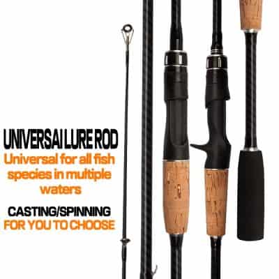 Universal fishing rod for all fish species in multiple waters, ideal for casting or spinning with comfortable handles and durable construction. Perfect fishing tackle for anglers of all skill levels.