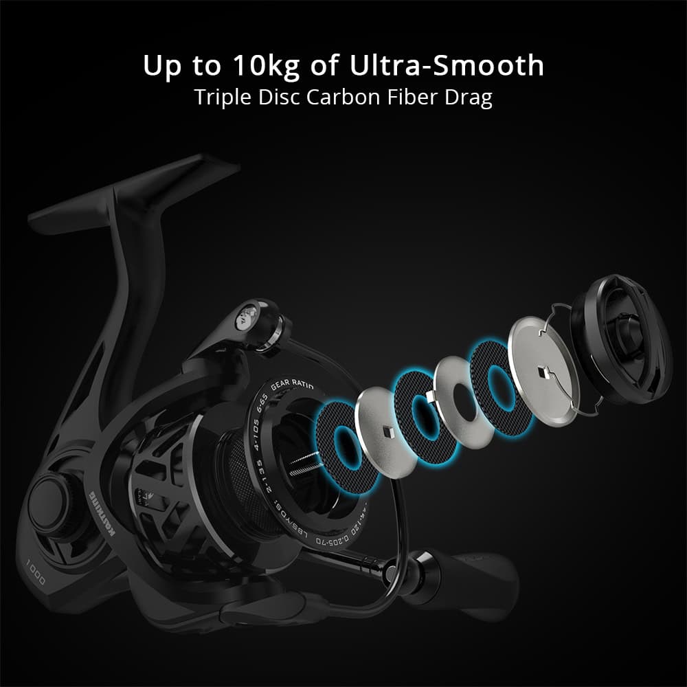 High-quality fishing reel with up to 10kg ultra-smooth triple disc carbon fiber drag for angling and fishing enthusiasts.
