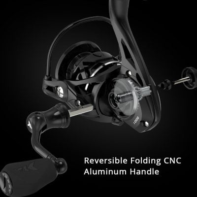 High-tech fishing reel with reversible folding CNC aluminum handle, durable and lightweight, ideal for freshwater and saltwater fishing, premium quality gear for anglers.