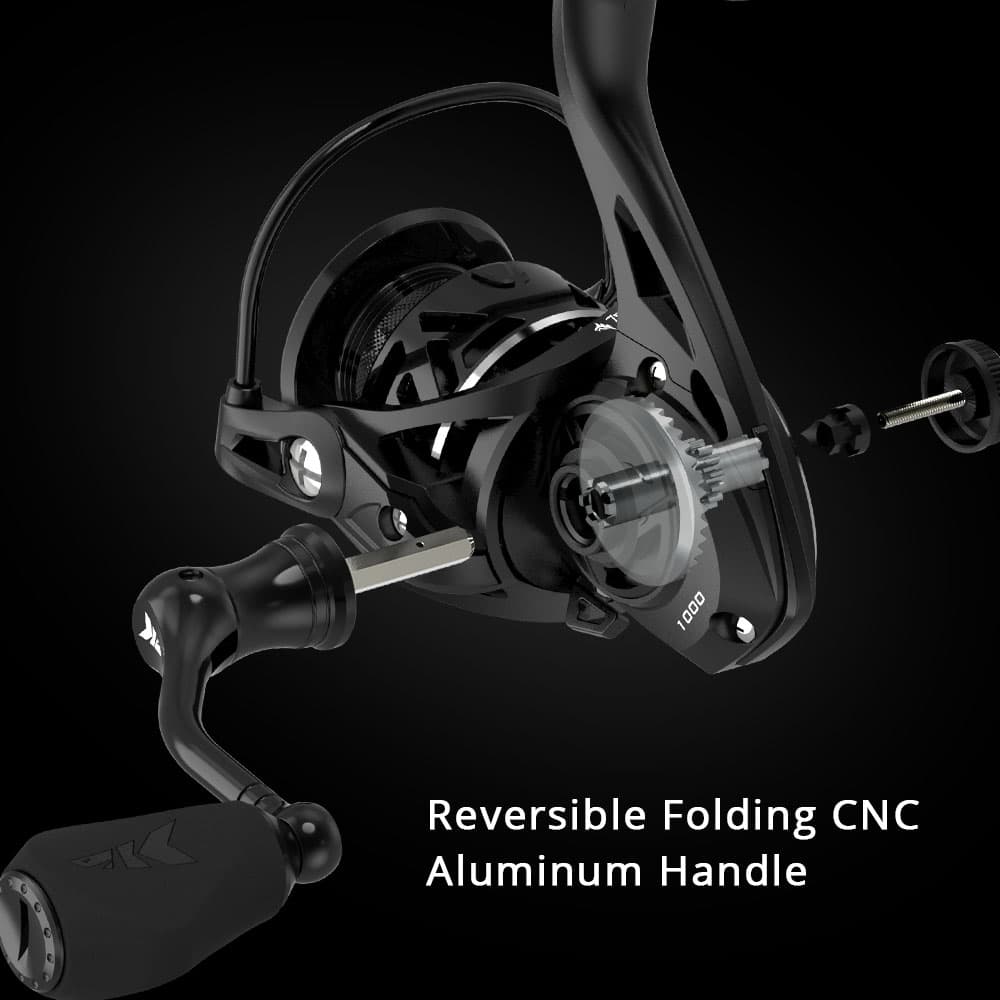 High-tech fishing reel with reversible folding CNC aluminum handle, durable and lightweight, ideal for freshwater and saltwater fishing, premium quality gear for anglers.