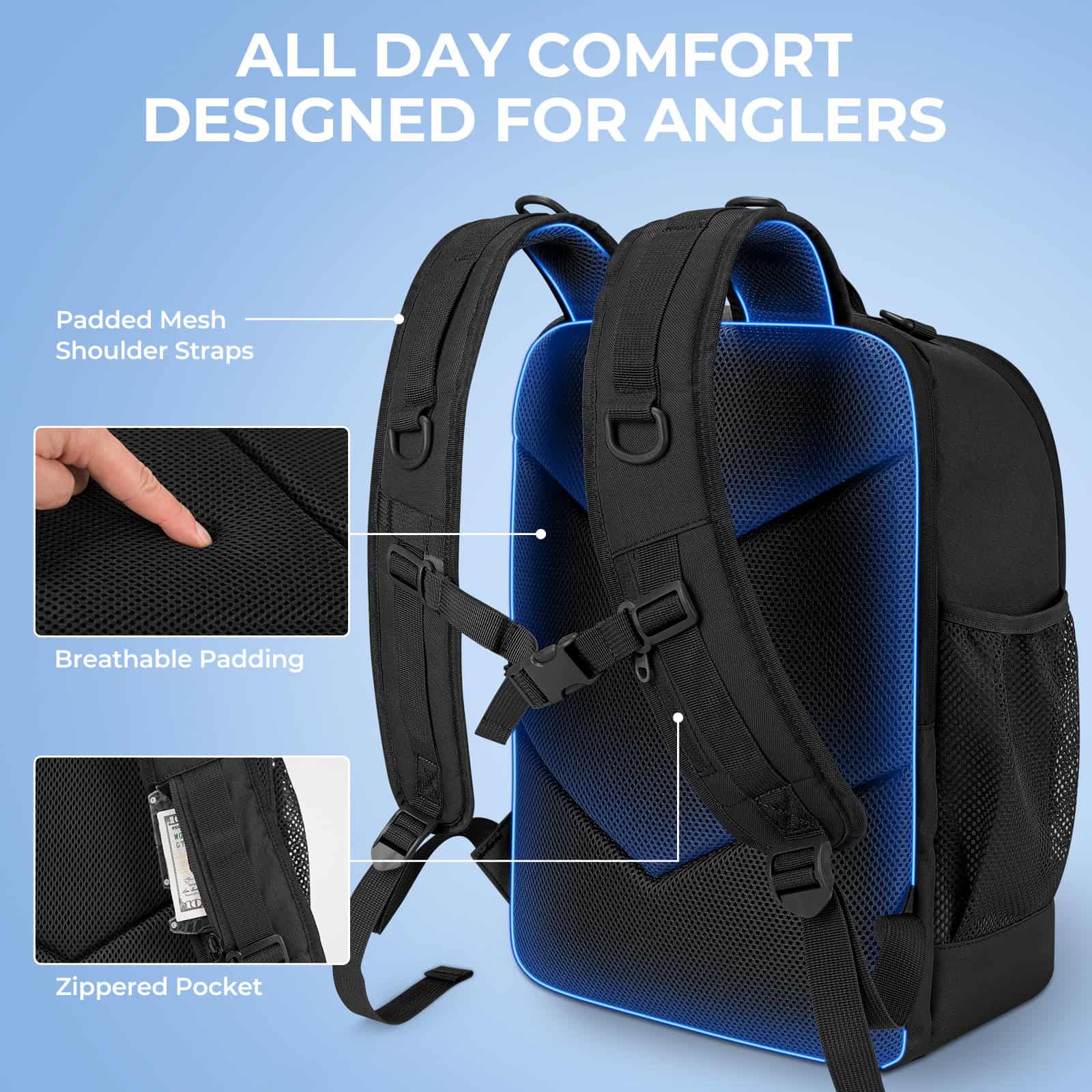 Comfortable black backpack with padded mesh shoulder straps, breathable padding, and a zipped pocket, designed for anglers to carry gear comfortably all day long.