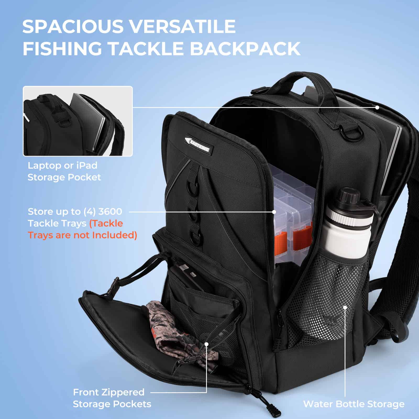 Laptop or iPad storage pocket for fishing tackle backpacks.