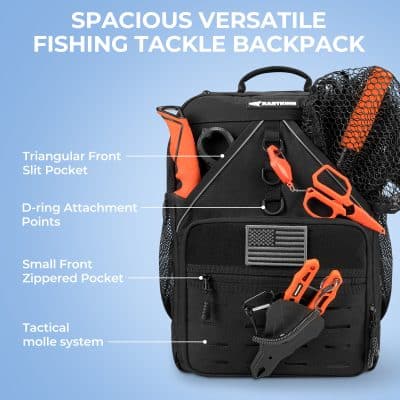 Waterproof tactical fishing backpack with multiple attachment points, a triangular front slit pocket, small zipper pocket, and molle system for outdoor fishing gear storage.