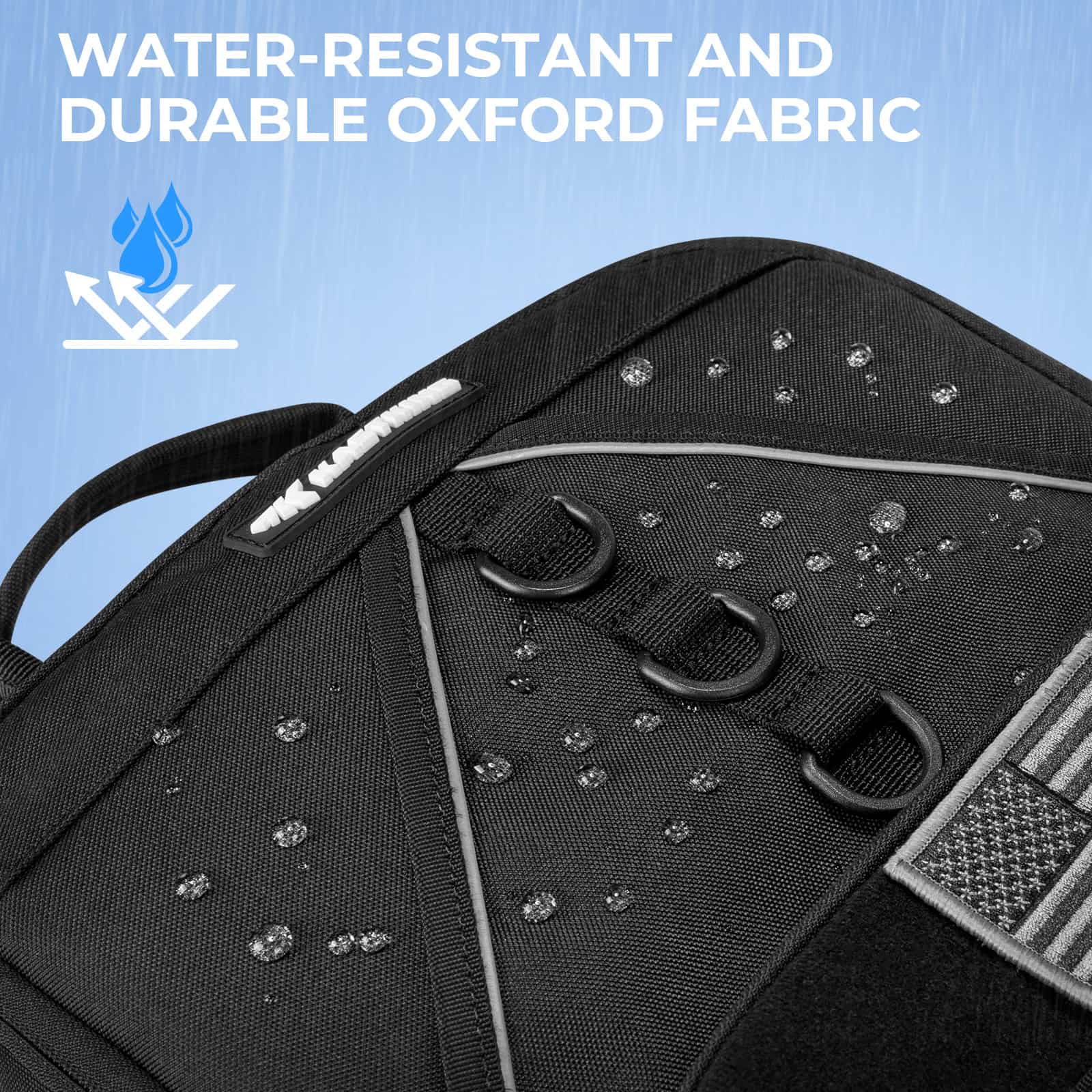 Water-resistant and durable Oxford fabric backpack with water droplets, sturdy zippers, and multiple hooks, ideal for travel and daily use with high-quality material.