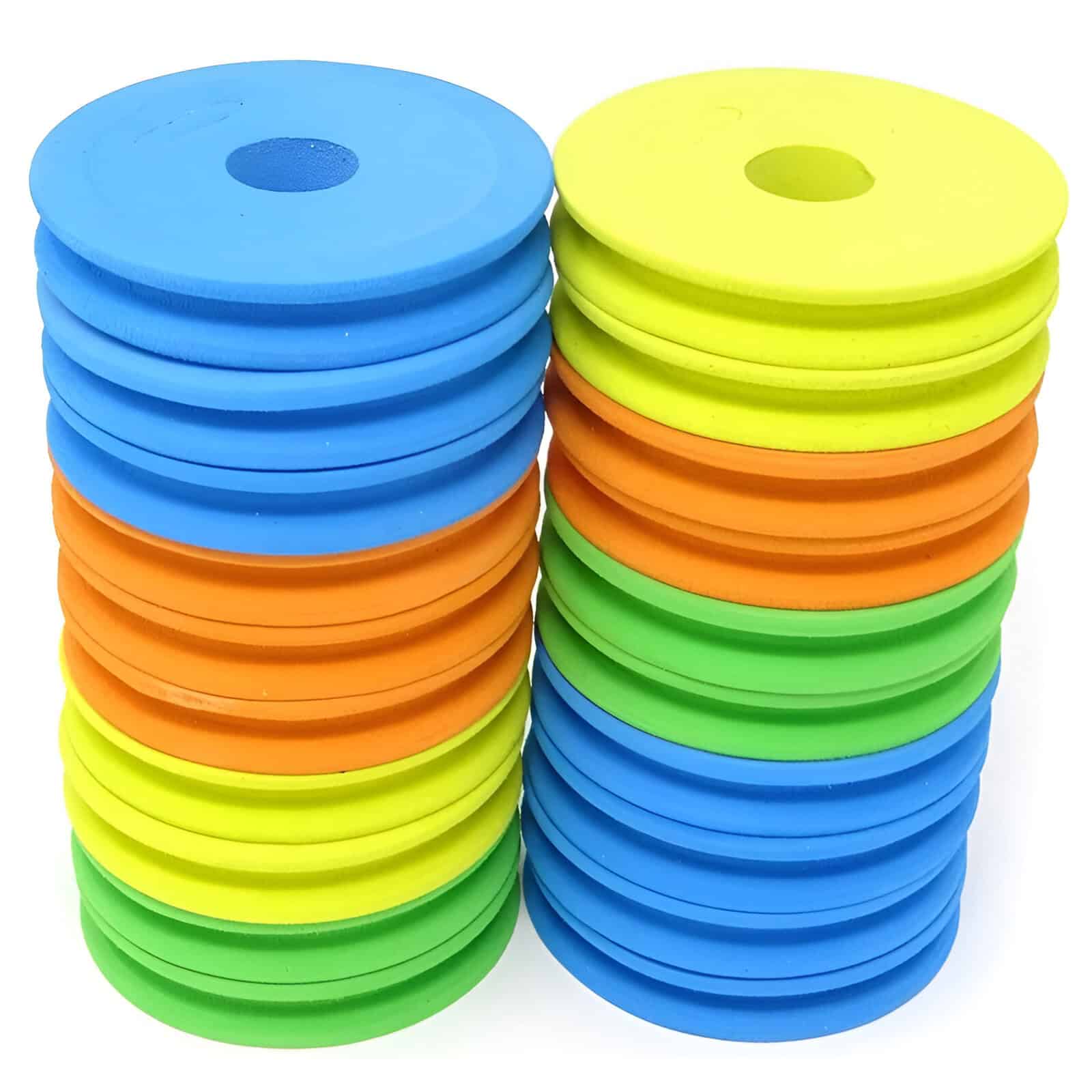 Colorful rubber discs used for physical therapy, fitness, and exercise routines at Monalisa Store, offering durable and versatile workout accessories for health and wellness.