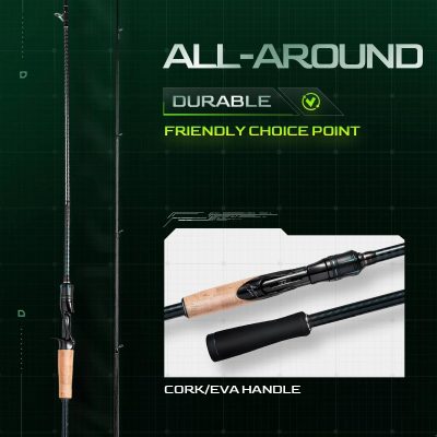 Durable fishing rod with cork and EVA handle for all-around freshwater and saltwater fishing.