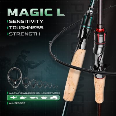 High-quality fishing rod with cork handle and guide rings, ideal for all fish species, designed for sensitivity, toughness, and strength, perfect for fishing enthusiasts.