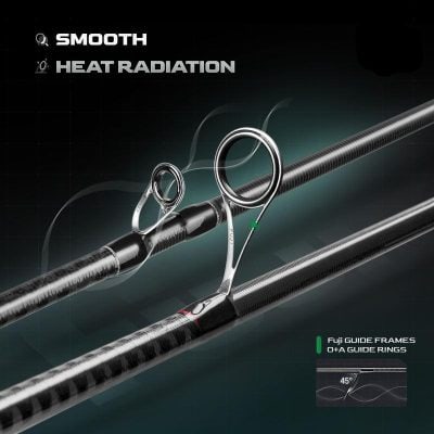High-quality fishing rods with Fuji guide frames and O+A guide rings, featuring smooth action and heat radiation for optimal performance in angling.