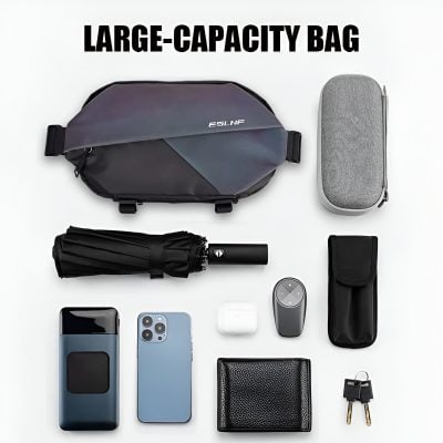 High-capacity travel bag with medical accessories, portable umbrella, tech gadgets, and storage cases for efficient organization and convenient travel demands.