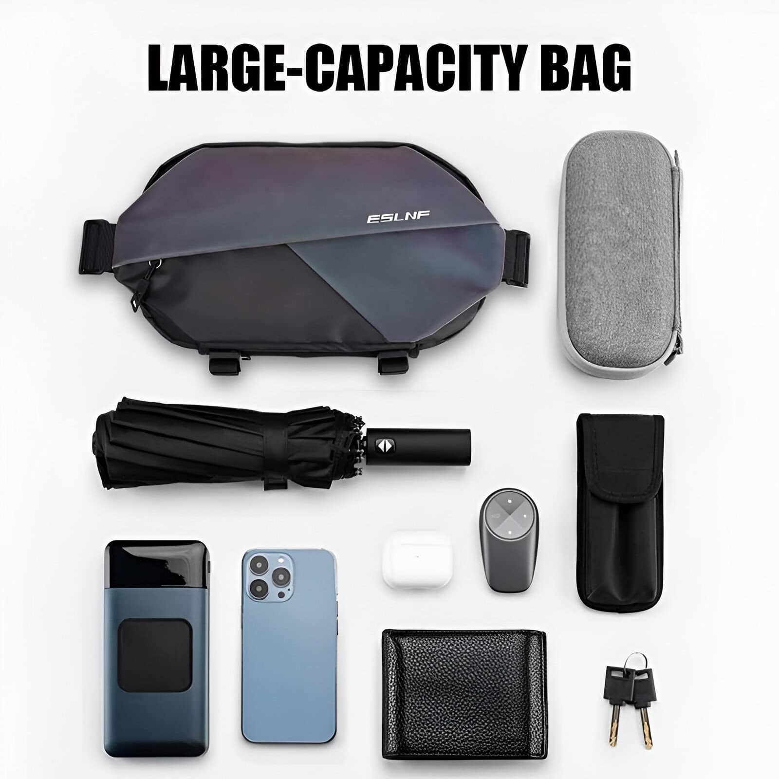 High-capacity travel bag with medical accessories, portable umbrella, tech gadgets, and storage cases for efficient organization and convenient travel demands.