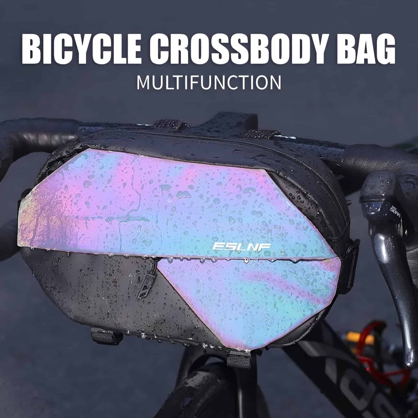 Water-resistant iridescent bicycle crossbody bag with multifunctional storage, perfect for cycling and outdoor activities. Features a sleek, waterproof design to keep belongings dry in all weather conditions.