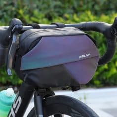 Reflective bike handlebar bag attached to a bicycle handlebars.