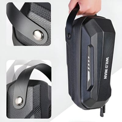 Lightweight black portable speaker with ergonomic handle and textured surface, ideal for travel and outdoor use, featuring durable build and high-quality sound performance.