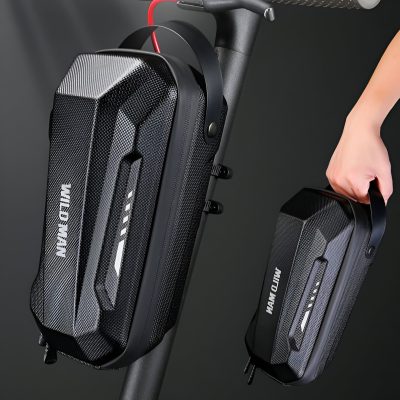 Black bike handlebar bag with Monami logo, durable mesh design, and zippered compartments for convenient storage. Perfect for cycling enthusiasts who need reliable gear organization.