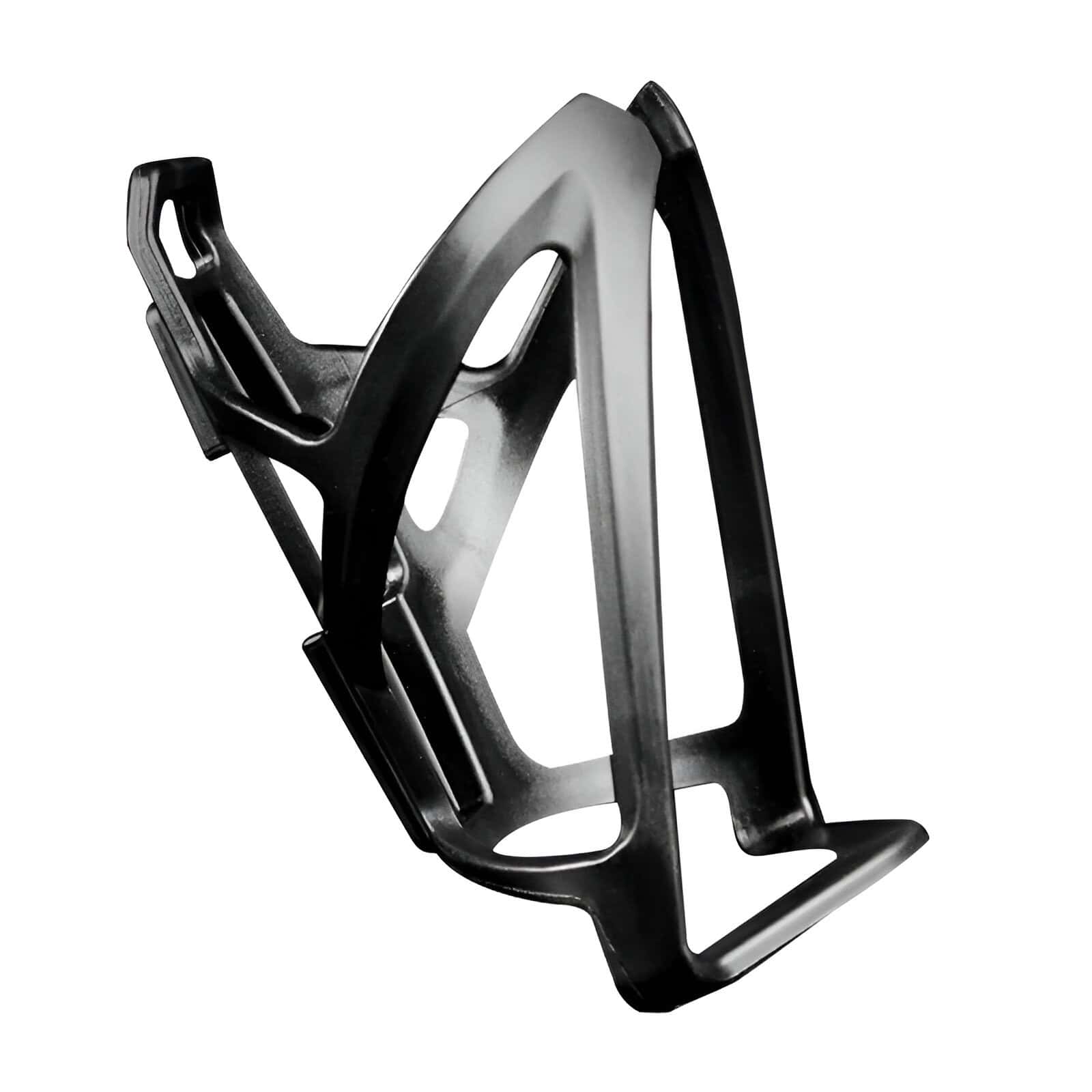 Removable black and silver water bottle holder for bike, lightweight and durable cycling accessory.