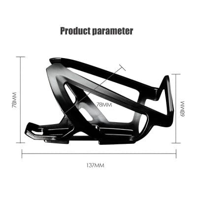 Lightweight black bicycle water bottle holder with precise measurement details, ideal for cycling enthusiasts seeking durable and functional bike accessories.