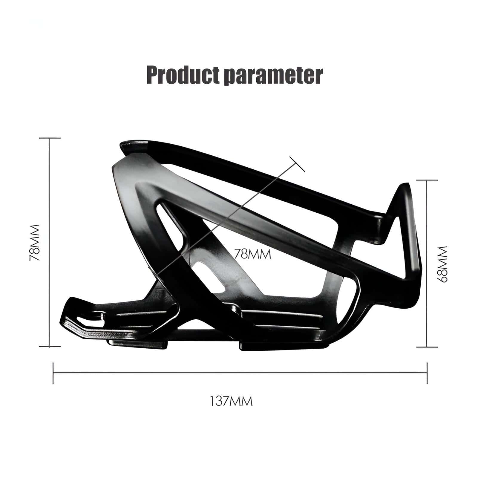 Lightweight black bicycle water bottle holder with precise measurement details, ideal for cycling enthusiasts seeking durable and functional bike accessories.
