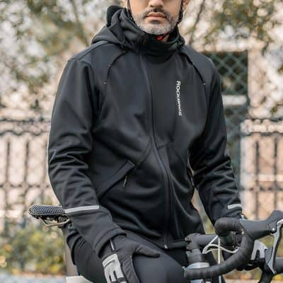 High-performance black cycling jacket with "ROCKBROS" branding, designed for outdoor sports and bike enthusiasts. Weather-resistant with zippered pockets and a comfortable fit for active lifestyles.