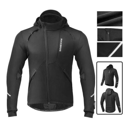 Lightweight black waterproof outdoor jacket with logo, adjustable hood, and multiple zippered pockets for cycling and outdoor activities. Made with durable, breathable materials for comfort and performance.